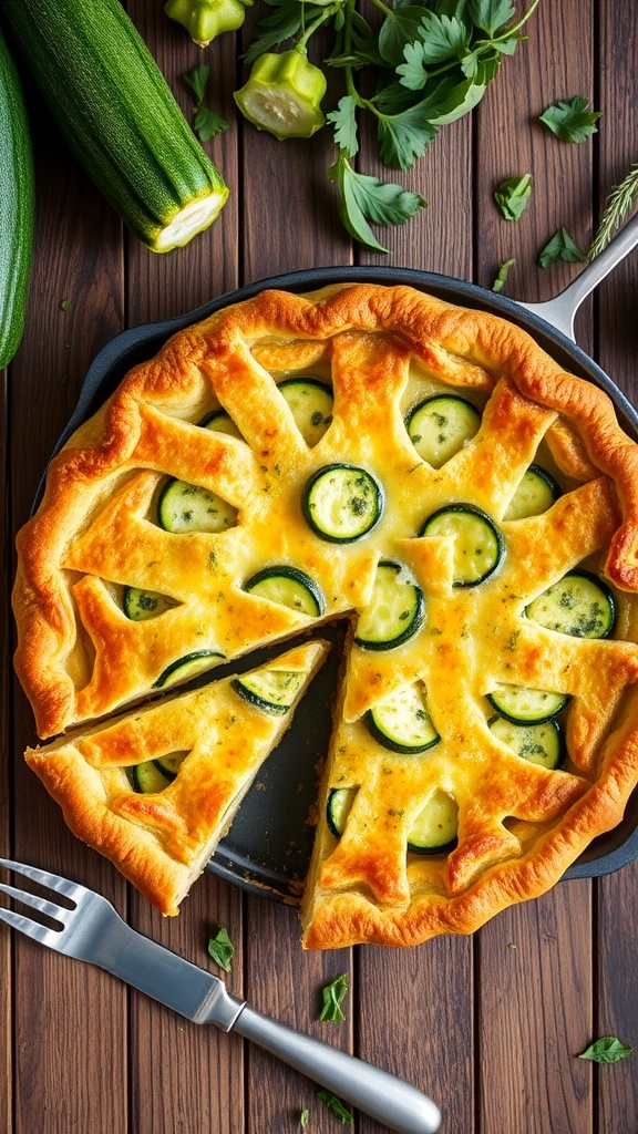 A slice of savory zucchini pie with a flaky crust and cheesy filling, surrounded by fresh zucchini on a wooden table.